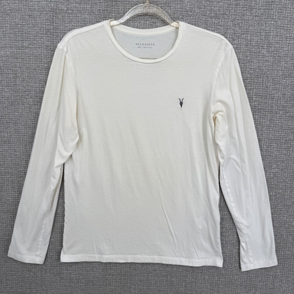 AllSaints Long Sleeve Crew Neck T-Shirt Mens S White Ramskull Logo